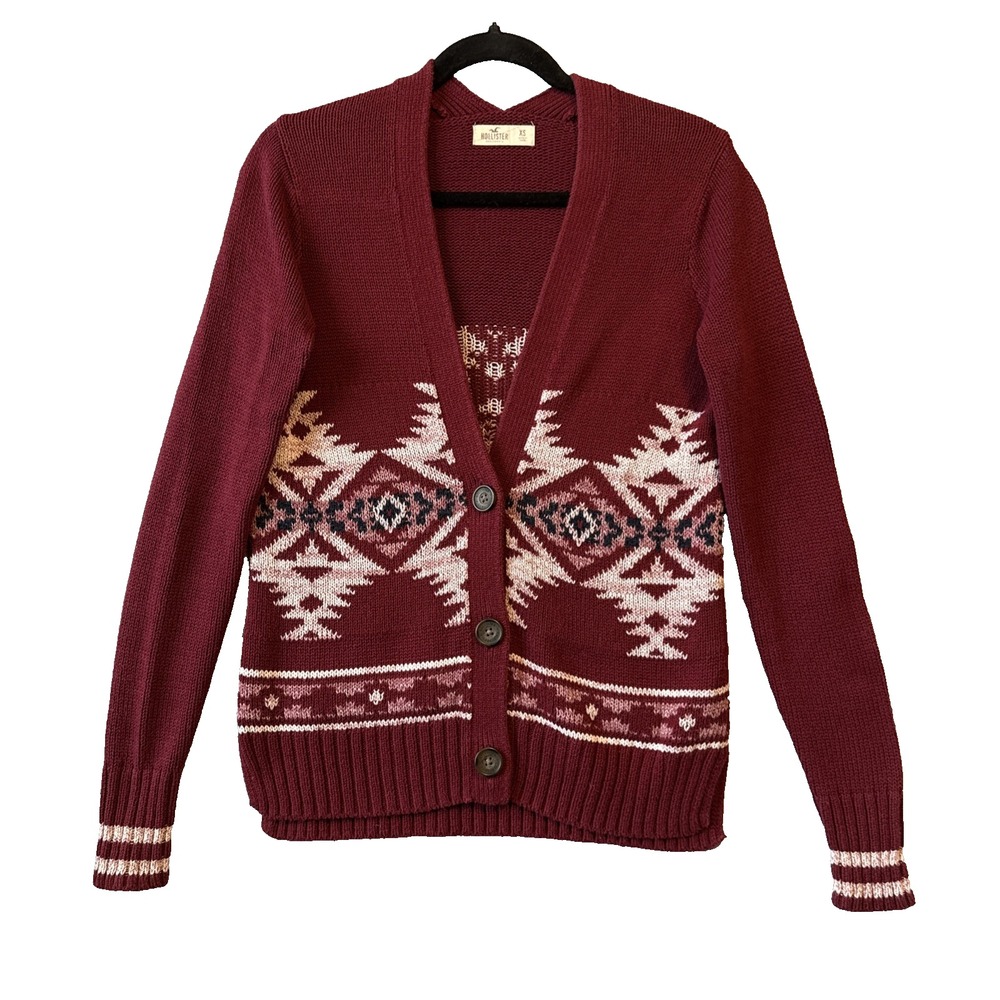 Hollister Womens XS Fair Isle Geometric Cardigan Sweater Burgundy Red Knit Boho